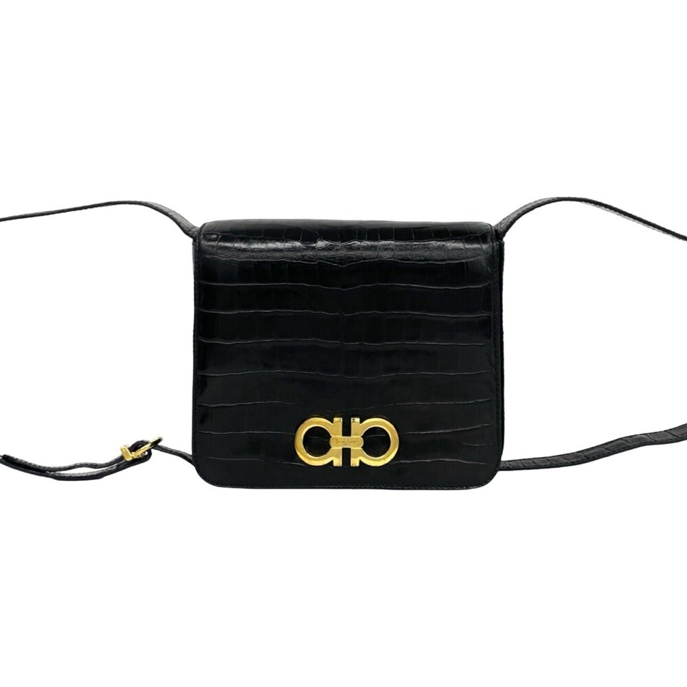 Salvatore Ferragamo Vintage Gancini Hardware Leather Shoulder Bag Black 33330